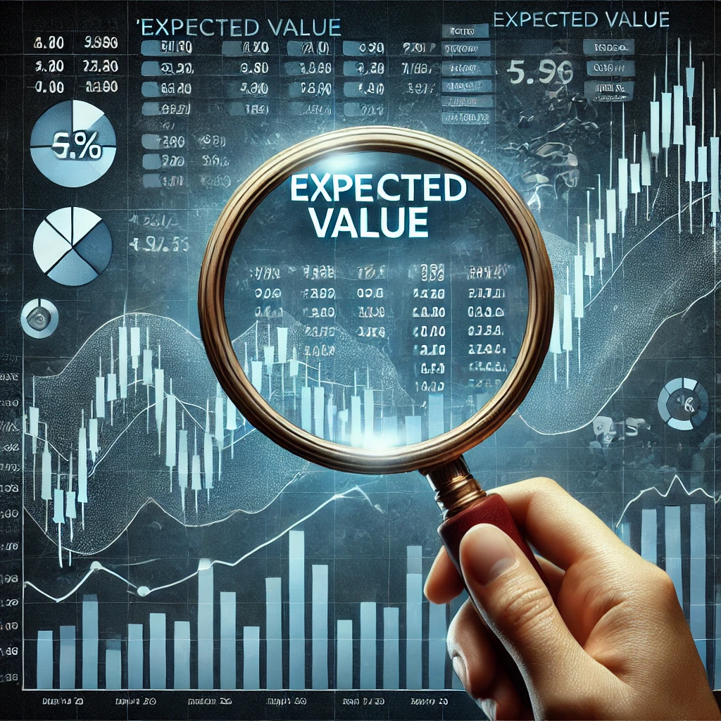 DALL·E 2024-07-26 19.21.12 – An image representing ‘Expected Value’ in Forex trading, featuring a magnifying glass zooming in on a currency pair chart. The chart shows various dat