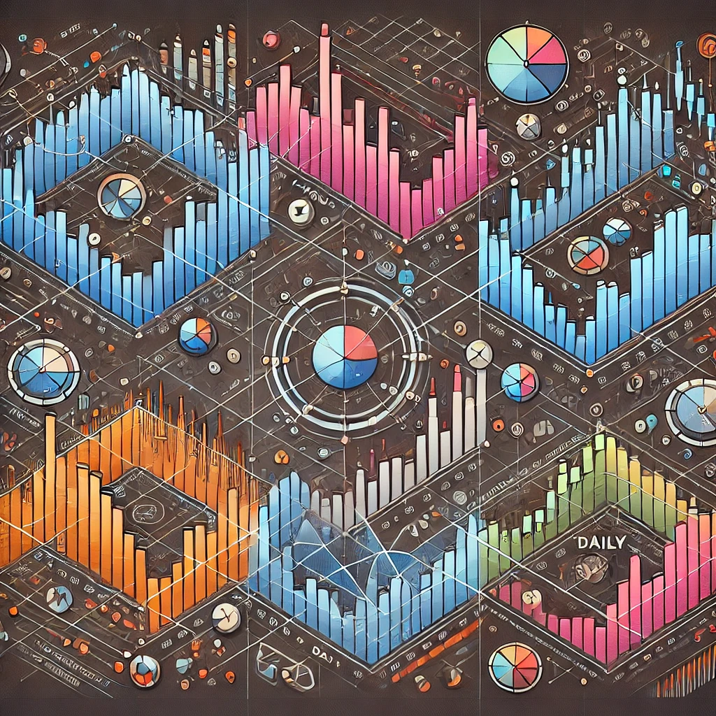 DALL·E 2024-07-26 19.28.58 – An image illustrating ‘Multi-Time Frame Analysis’ in Forex trading, featuring a series of interconnected charts. Each chart represents a different tim